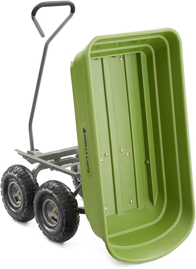Gorilla Carts Poly Garden Dump Cart, 4 Cu Ft Tub, 600 lb Haul Capacity, Green – Heavy-Duty Utility Wagon with Quick-Release Dumping & Pneumatic Tires for Yard, Landscaping and Gardening
