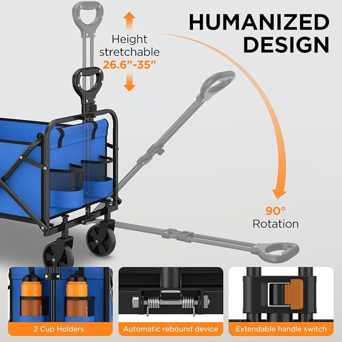 Collapsible Wagon Cart Foldable Beach Wagon with All-Terrain Wheels - 380 LBS Heavy Duty Grocery Cart for Shopping, Beach, Camping, Sports, Garden (Blue)