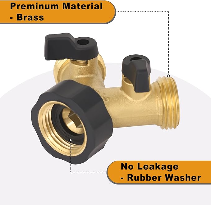 Brass Garden Hose Splitter 2 Way, All Body Metal Heavy Duty Water Splitter Y Way with 2 Hose Protectors Kink Free Hose Extension 10 Rubber Washers