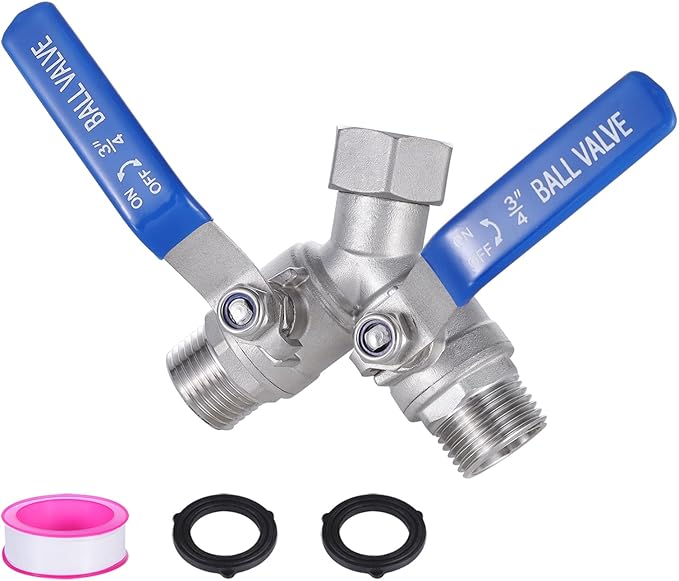304 Stainless Steel Garden Hose Splitter 2 Way Heavy Duty, Full Flow Garden Hose Y-Valve Hose Splitter with Shutoff Valve, Outdoor Faucet Splitter Hose Connector, 3/4" GHT Threads