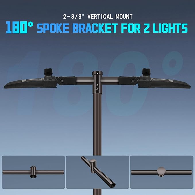 180° Spoke Tenon Adaptor Bracket, Durable Horizontal Round Pole Mounting Arm for 2 Lights, 2 3/8 in Top Mounting Bracket for Parking Lot Light Street Shoebox Lighting