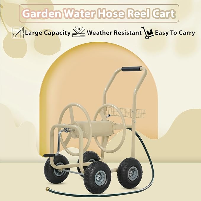 Garden Hose Reel Cart with Wheels Garden Lawn Water Truck Water Planting Cart Heavy Duty Outdoor Yard Water Planting Holds 300-Feet of 5/8-Inch Hose with Storage Basket, Tan