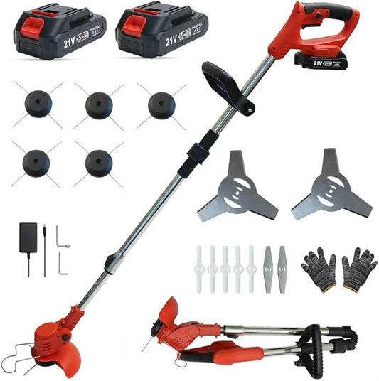 Cordless String Trimmer, Weed Wacker, Nylon Trimmer Head as Its Core Cutting Accessory, Telescopic Shaft and Foldable, 2 x Batteries, String Trimmer Cordless, Red