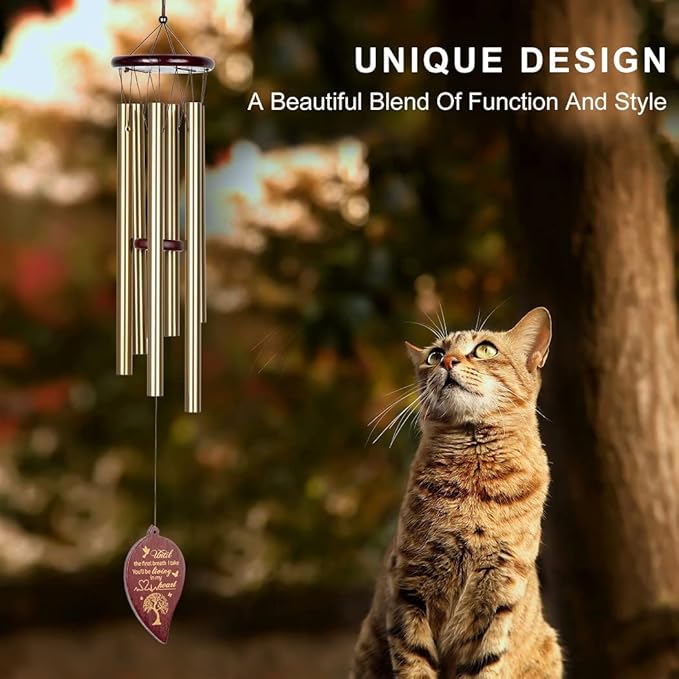 Memorial Wind Chimes Outdoor - 30 Inch 6 Rustproof Aluminum Tubes Wooden Wind Bell Sympathy Romantic Wind Chimes for Outside, Best Gift for Home Decor Garden Patio Outdoor(Golden)