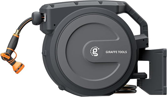 Giraffe Tools Retractable Garden Hose Reel 1/2 Inch x 100 ft, Super Heavy Duty, Any Length Lock, Slow Return System, Wall Mounted and 180 Deg Swivel Metal Bracket