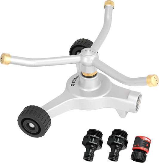 Eden 94129 Metal 3-Arm Revolving Sprinkler on Wheel Base W/Quick Connect Starter Set, Heavy Duty, Garden Hose Sprinkler, Lawns, Circular, Coverage up to 1390 sq.ft