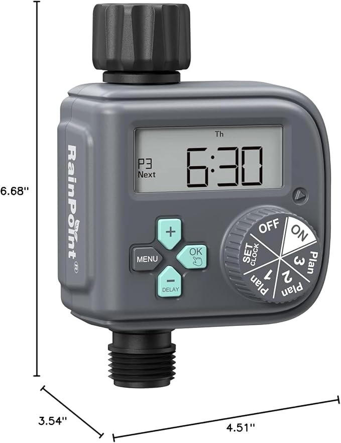 RAINPOINT Sprinkler Timer with 3 Independent Programs, Hose Timer with Rain Delay/Manual/Automatic Irrigation System, Watering Timer for Garden, Lawn, Yard