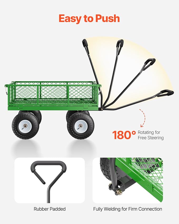 VEVOR 680 Lbs Steel Garden Cart on Wheels, Heavy Duty Garden Wagon Cart Pullable, Metal Outdoor Utility Yard Wagon Carts with 10" Tires, Mesh Removable Sides and 180°Rotating Handle