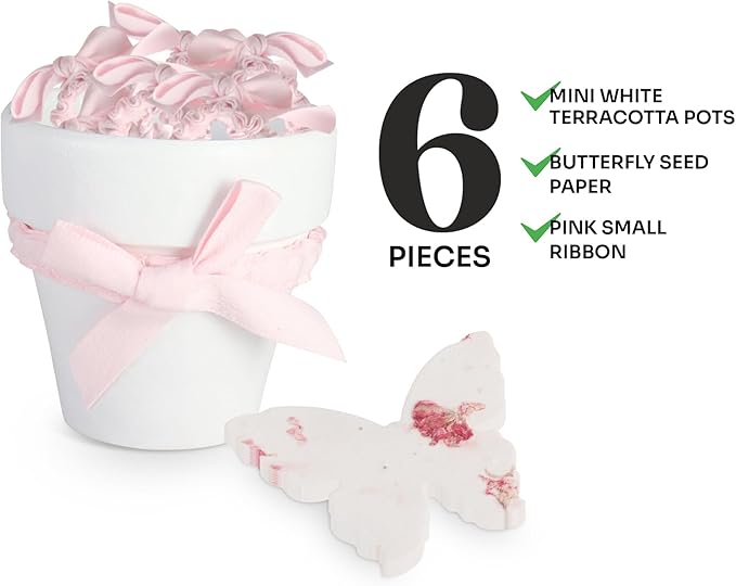 Set of 6 Seed Paper – 6 Pink Butterflies & 6 White Pots with Bow for Baby Shower, Gender Reveal, Birthday, & Other Milestone Celebrations