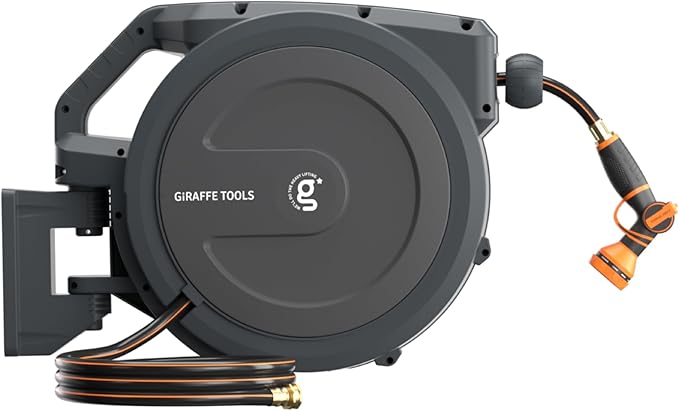 Giraffe Tools AW30 Wall Mounted 1/2" x 100 ft Garden Hose Reel, Retractable Water Hose Reel, Automatic Rewind & Lock at Any Length