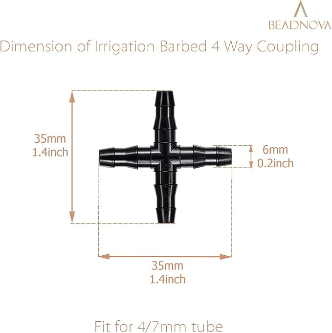 BEADNOVA Drip Irrigation Connectors 20 Pcs 1/4 Inch Barbed 4 Way Couplings Irrigation Connectors for 1/4 Inch Drip Tubing Water Tubing Gardening Supplies (20pcs)