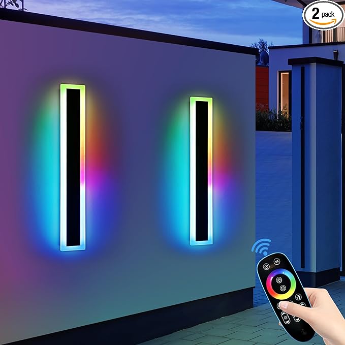 Widened 2 Pack Modern Outdoor Wall Sconces, 31.4inch RGB Dimmable LED Lights, IP65 Waterproof, 10 Colors, 5 Modes, Black Linear Exterior Lighting for Patio, Yard, Garage with Remote Control