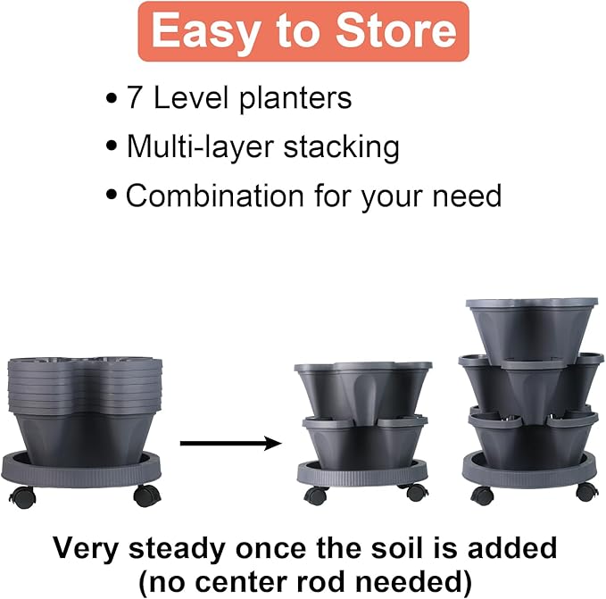 Vertical Planter 7 Tier Stackable Planters Garden Planters Strawberry Herb Flower and Vegetable Planter Indoor Outdoor Gardening Pots with Removable Wheels and Tools