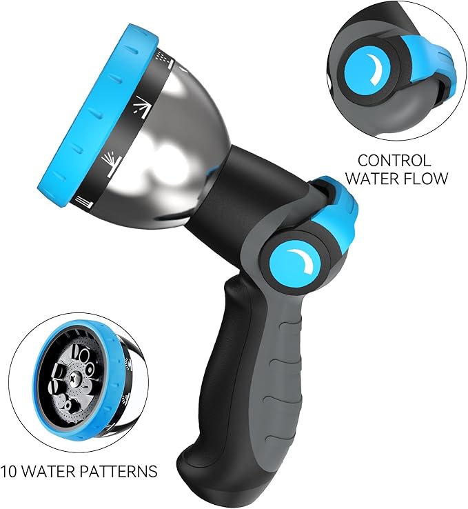 Garden Hose Nozzle, Heavy-Duty Water Hose Sprayer Nozzle with 10 Spray Patterns, Ergonomic Non-Slip Grip, Leak-Free Design, Fits All Standard Garden Hoses for Watering, Car Washing, Cleaning