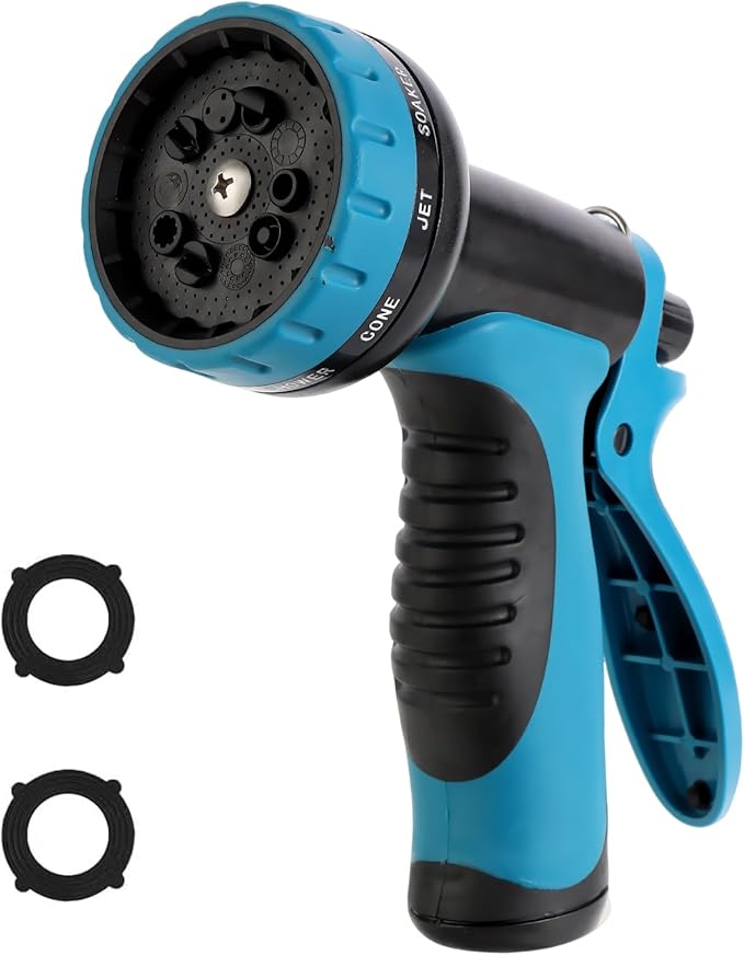 Garden Water Hose Nozzle ABS Water Spray Nozzle with 10 Spray Modes Suitable for Watering Plants, Iawns and Gardens, Car Washing, Cleaning, Showering Pets and Outdoor Fun, Blue
