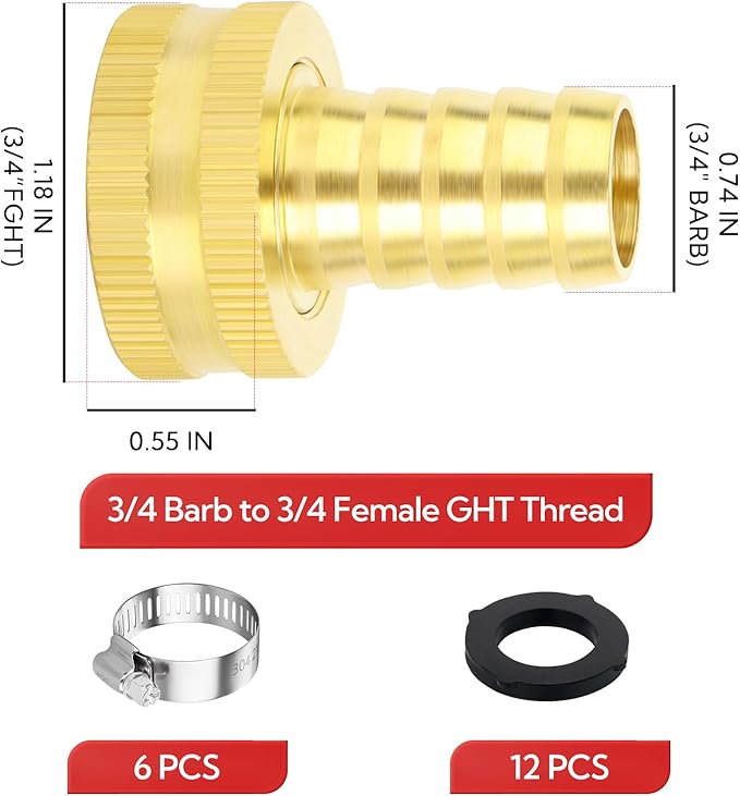 6Pcs 3/4 Barb to 3/4 GHT Female Thread Brass Garden Hose Pipe Connector, Hose Swivel Adapter for Garden Hose Repair