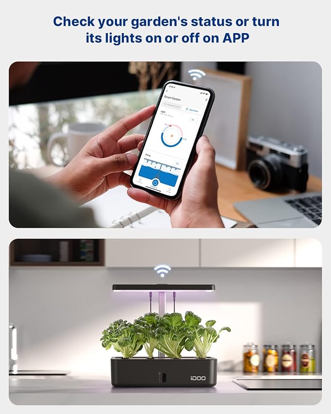 iDOO Hydroponics Growing System Kit 12Pods, Christmas Gifts for Women Mom, Herb Garden Indoor with LED Grow Light for Home, Built-in Fan, Auto-Timer, Adjustable Height Up to 11.3", 12Pods WiFi-Black