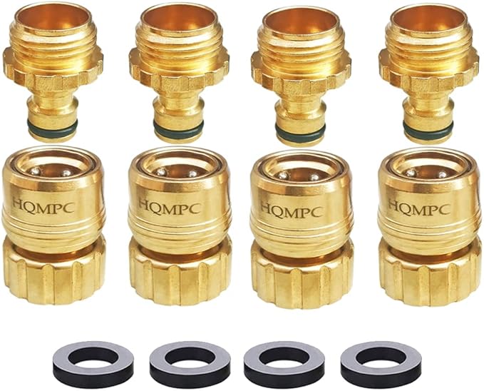 HQMPC Garden Hose Quick Connect No Pb Brass Hose Quick Connect Quick Connect Hose Fittings Water Hose Connectors 3/4" GHT (4SETS)