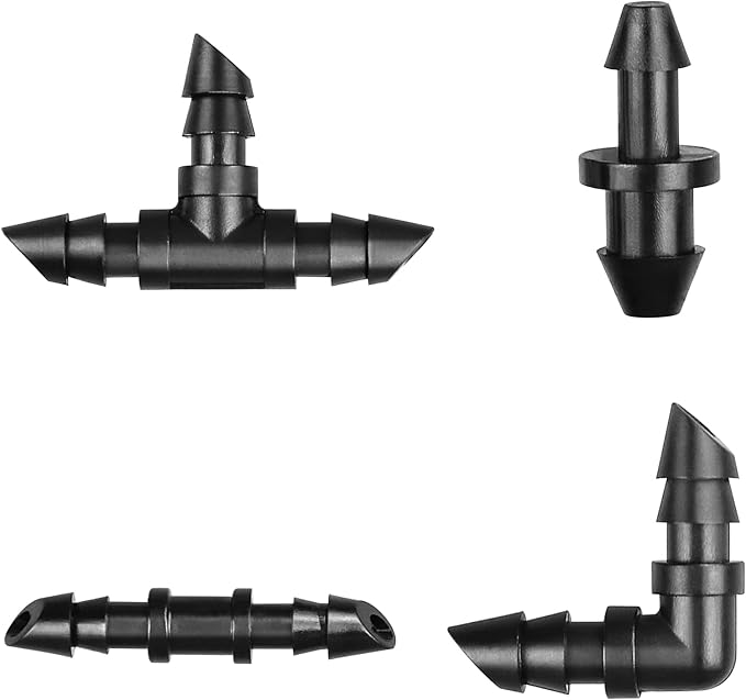 1/4 Inch Drip Irrigation Fittings Kit:140 Pieces Drip Irrigation Parts with Sharp End for 1/4" Irrigation Tubing Barbed Connectors for Home Garden 60 Couplings 50 Tees 20 Elbows 10 Goof Plugs