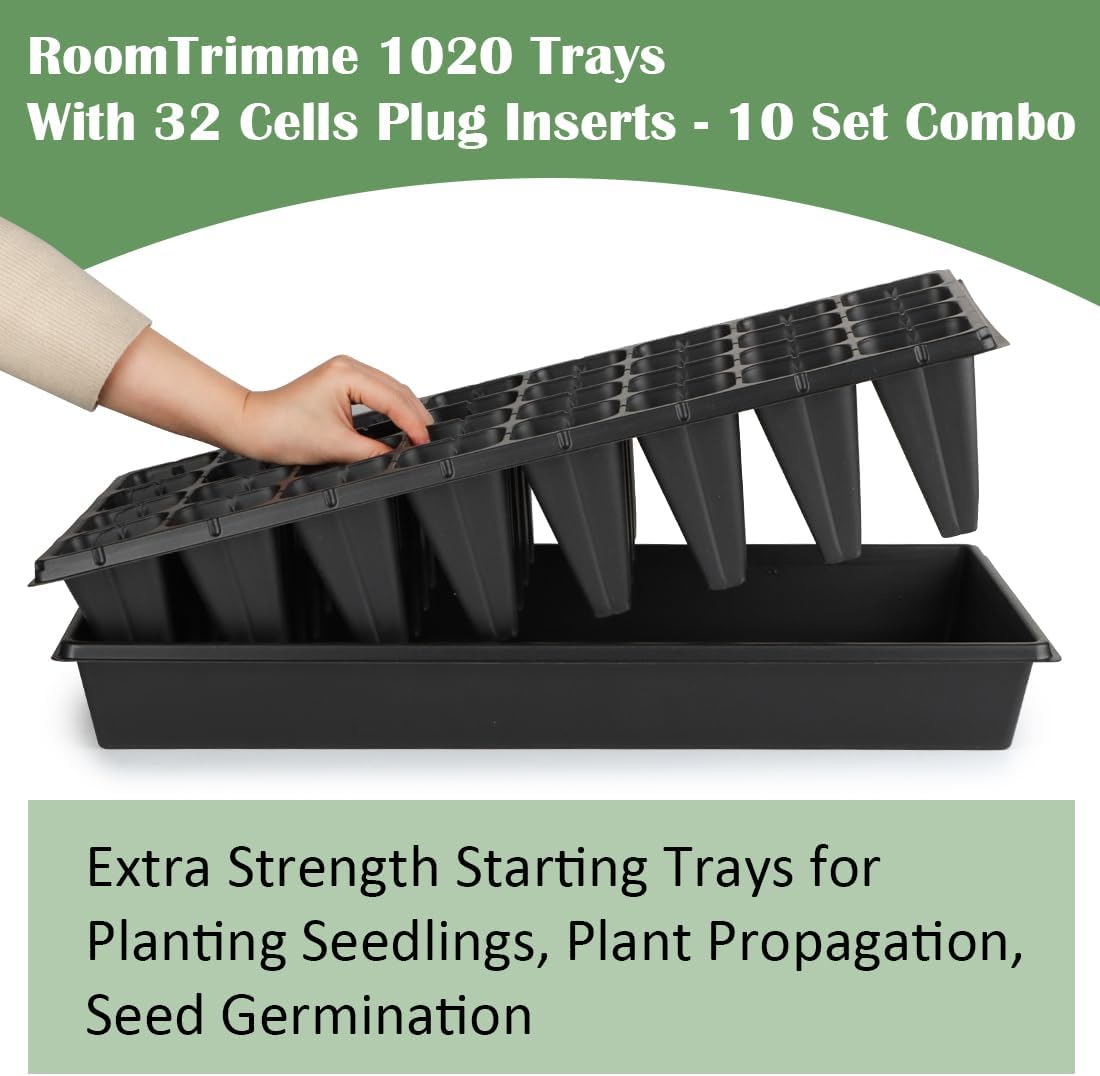 10 Pack 1020 Seedling Starter Trays with 10 Pack 32 Cell Plug Inserts Extra Deep 4.33" - Heavy Duty Plastic Nursery Trays for Seed Germination & Plant Propagation (10 Sets)