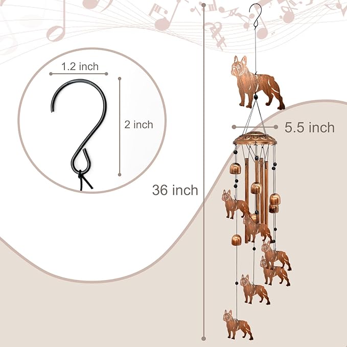 French Bulldog Wind Chimes for Outside, Metal Windchimes Outdoors Birthday Gifts for Women Memorial Sympathy Wind Chimes for Patio Garden Yard