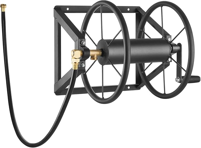 VEVOR Wall Mounted Garden Hose Reel, Holds 200 ft 5/8-inch Manual Water Hose Winder, Heavy-Duty Steel, Outdoor Reel with Brass Fitting & 5ft Leader Hose, Space Saving, for Yard Lawn Garage
