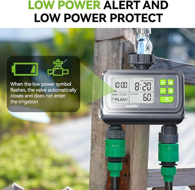 RAINPOINT 2 Zone Smart Water Timer for Garden Hoses - Lawn Sprinkler Timers with Up to 3 Preset Programs, Rain Delay Sensor, Smart Water Hose Timers, Drip Irrigation Timer for Garden Watering System