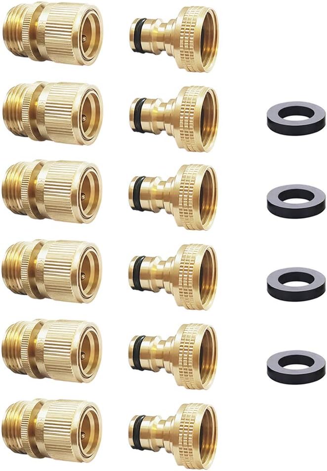 Garden Hose Quick Connector Water Hose Qucik Connect Garden Hose Connectors Brass Hose connectors Water Quick Connect Fittings 3/4" Inch GHT Solid Brass 6 Sets(6pcs Male Coupling 6pcs Female Nipple)
