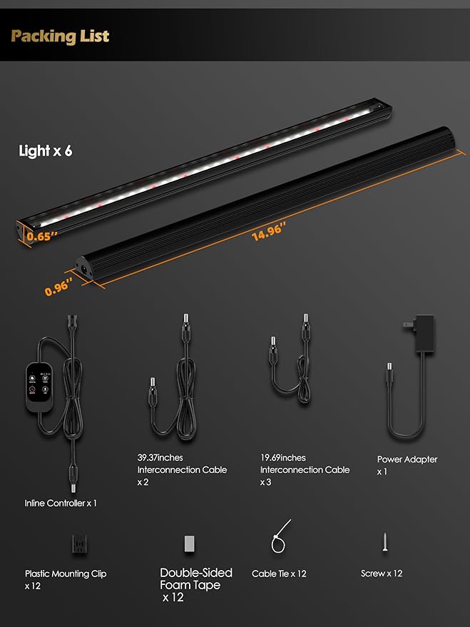 Smart Grow Light for Indoor Plants,3500K Full Spectrum LED Plant Light Strips with 3/9/12H Auto Timer,Stepless Dimming,Modular Design,Plug and Play (Black, 6 Pack 48W)