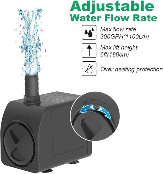 Submersible Pump 300GPH Ultra Quiet with Over Heating Protection 6ft High Lift for Fountains, Hydroponics, Ponds, Aquariums & More…