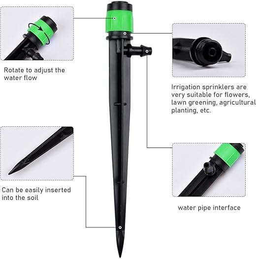Kalolary 100Pcs Irrigation Drippers Drip Emitters, Micro Spray Adjustable 360 Degree Full Circle Pattern Water Flow Sprinkler Fits 1/4 (4-6mm) Irrigation Tubing for Garden Irrigation(Green)