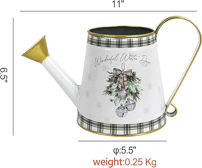 Vintage Metal Christmas Watering Can Decor - Wonderful Winter Days Design with Bell Wreath, Rustic Farmhouse Watering Pot Garden Decorative Planter for Holiday Home Mantel Tabletop Xmas Decor