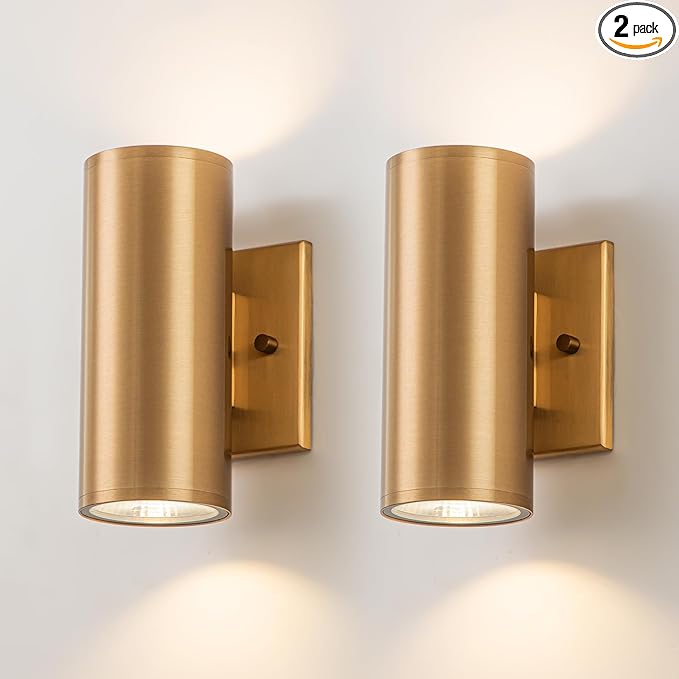 Modern Outdoor Wall Light 2 Packs Up and Down Lights, 7" Gold Exterior Light Fixture for House Porch Patio Garage