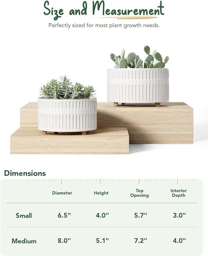 LE TAUCI Succulent Planters, 6.5+8 Inch Ceramic Indoor Plant Pot with Drainage Hole, Shallow Round Succulent Pots, Set of 2, Reactive Glaze White