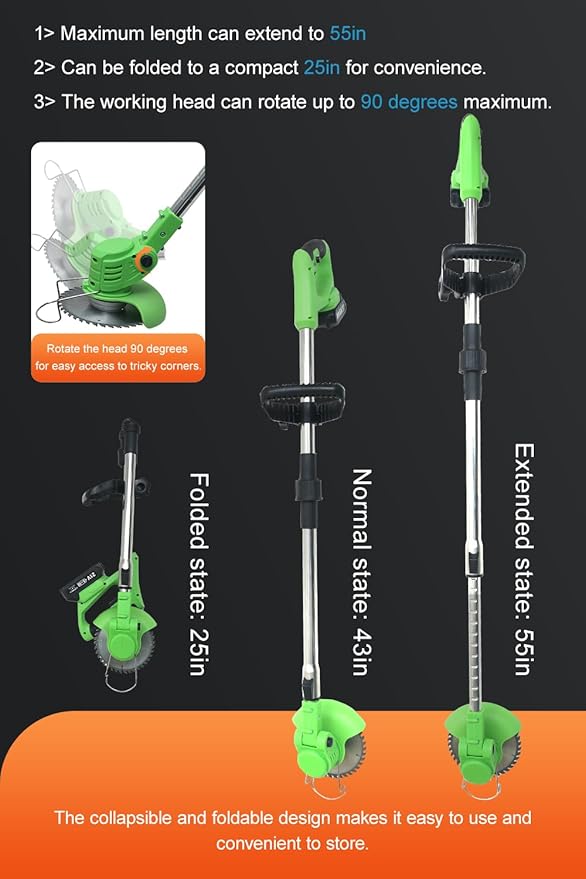 Cordless Weed Wacker,Electric Weed Eater,2 Batteries,Grass Trimmer Cordless,Lightweight and Foldable Design,Weed Erimmer, Green