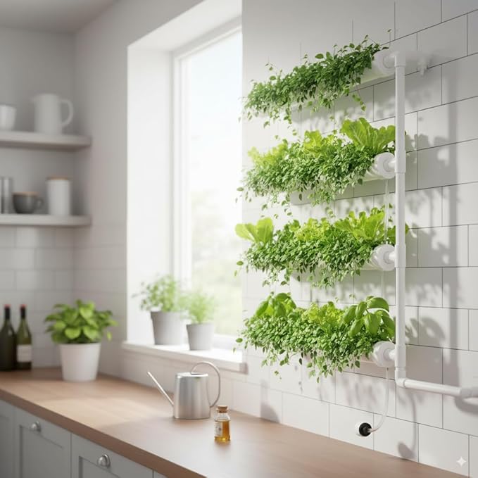 Wall-Mounted Hydroponic Grow Kit, 1 Layers 36 Plant Sites 4 Food-Grade PVC-U Pipes Hydroponics Planting System with Water Pump, Pump Timer, Nest Basket and Sponge for Leafy Vegetables