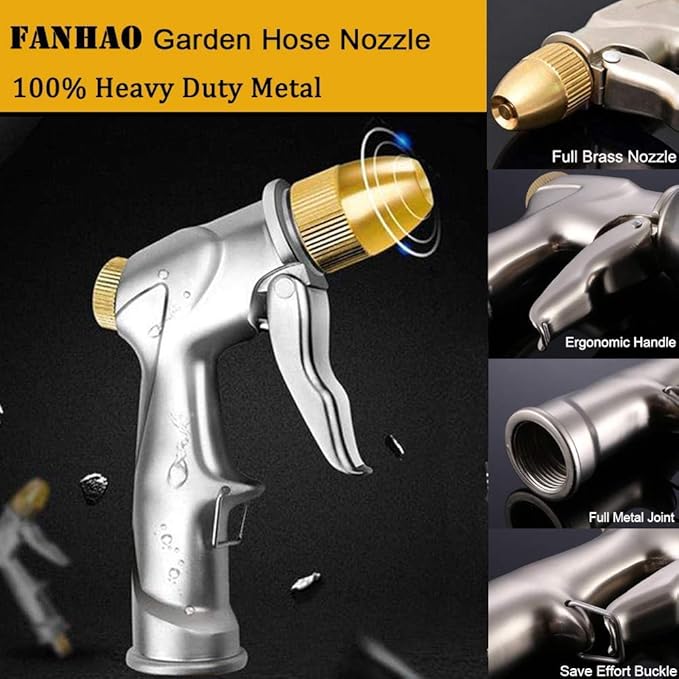 FANHAO Upgraded Garden Hose Nozzle Sprayer, 100% Heavy Duty Metal Handheld Water Nozzle High Pressure in 4 Spraying Modes for Watering Plants and Lawn, Car Washing, Patio and Pet