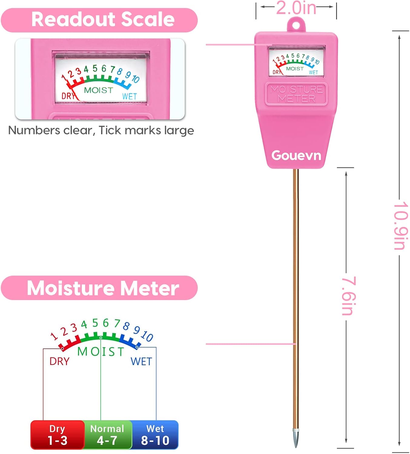 Soil Moisture Meter, Soil Tester Plant Moisture Meter for House Plants, Plant Water Meter Hydrometer Plant Sensor for Indoor Plant Care, No Battery Needed (Pink)
