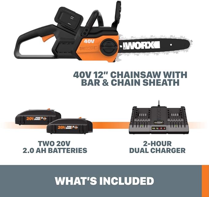 Worx 40V 12" Cordless Chainsaw Power Share with Auto-Tension - WG381 (Batteries & Charger Included)