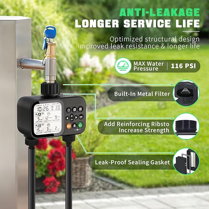 2 Zone Sprinkler Timer for Garden Hose, 8 Programmable Hose Water Timer with Auto Rain Delay, 3.3โ Large LCD Display Digital Irrigation System for Plant, Yard, Lawns, Outdoor