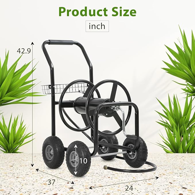 Garden Water Hose Reel Cart Tools with Wheels Garden Lawn Water Truck Water Planting Cart Heavy Duty Outdoor Yard Water Planting Holds 300-Feet of 5/8-Inch Hose with Storage Basket (Black)