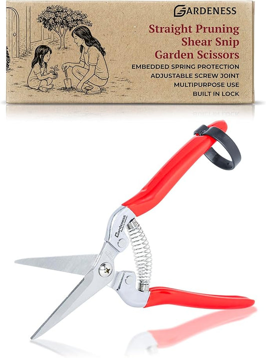 Gardeness Pruning Shear Straight Pruning Snip with Stainless Steel Serrated Blade, Adjustable Joint Screw Micro Tip Garden Scissor for Arranging, Trimming, Harvesting Fruit, Vegetables, Made in Taiwan
