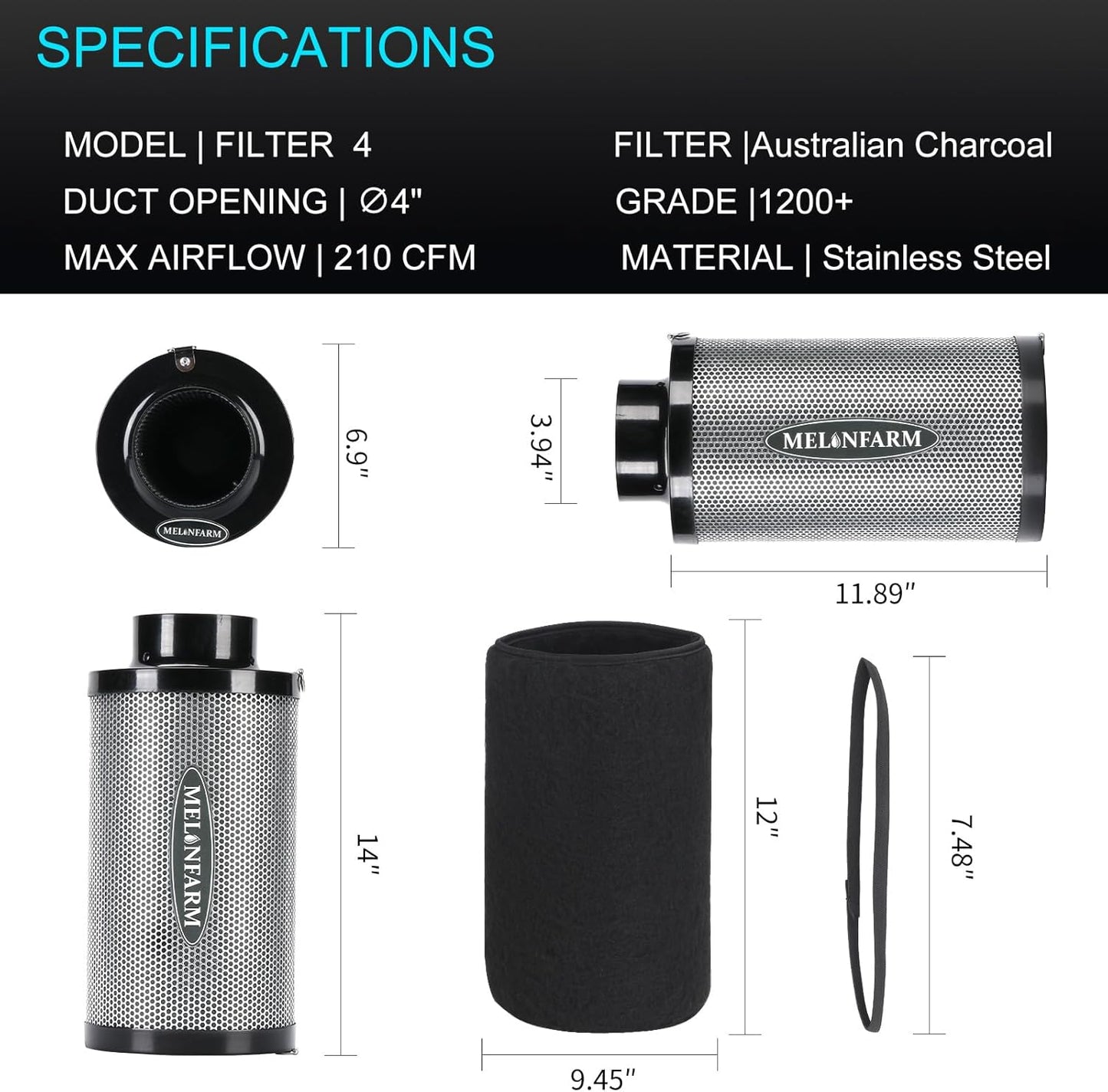 MELONFARM Air Filtration Kit 4", Built-in 14cm Fan Low Nois Carbon Filter with 12-Speed Controller, 8' Ducting & 6" Vent Cover, Cooling & Ventilation System for Grow Tents, Indoor Gardening 4"x12.2"