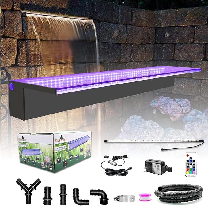LONGRUN Acrylic Waterfall Spillway Multi-Color LED Light Pool Fountain, Water Spillway Outdoor Koi Pond Waterfalls Fountains Kit for Garden Koi Ponds Patio Swimming Pool Decoration-35.4"