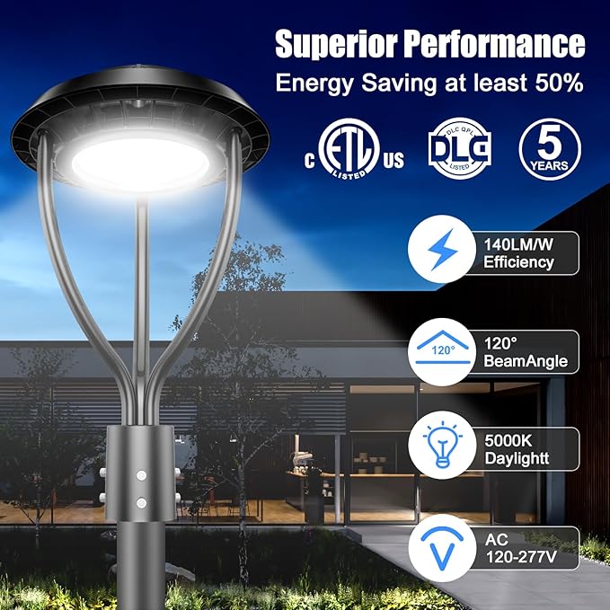 Outdoor LED Post Top Light (5000K-with Built-in Sensor, 60 Watt-2Pack)