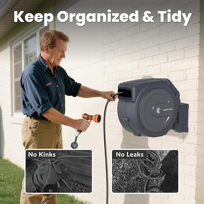 Giraffe Tools AW30 Retractable Garden Hose Reel 5/8inch x 62ft Hose Reels for Outside, with 9- Function Sprayer Nozzle, Any Length Lock/Slow Return System/Wall Mounted/180°Swivel Bracket