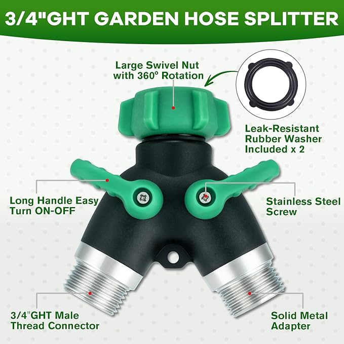 Garden Hose Splitter 2 Way, 304 Stainless Steel Hose Splitter 2 Way Heavy Duty, 3/4" Full Flow Y Valve Water Hose Splitter, Outdoor Faucet Splitter Y Connector for Garden Hose