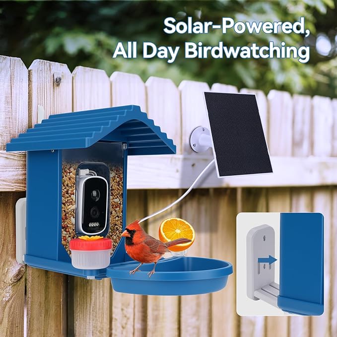 Bird Feeder with Camera Solar Powered, 2.5K HD Video Bird House Live View, Smart AI Bird Species Identification for Outside Garden,Birds Bath,Ideal Gift for Birds Lover (Blue)
