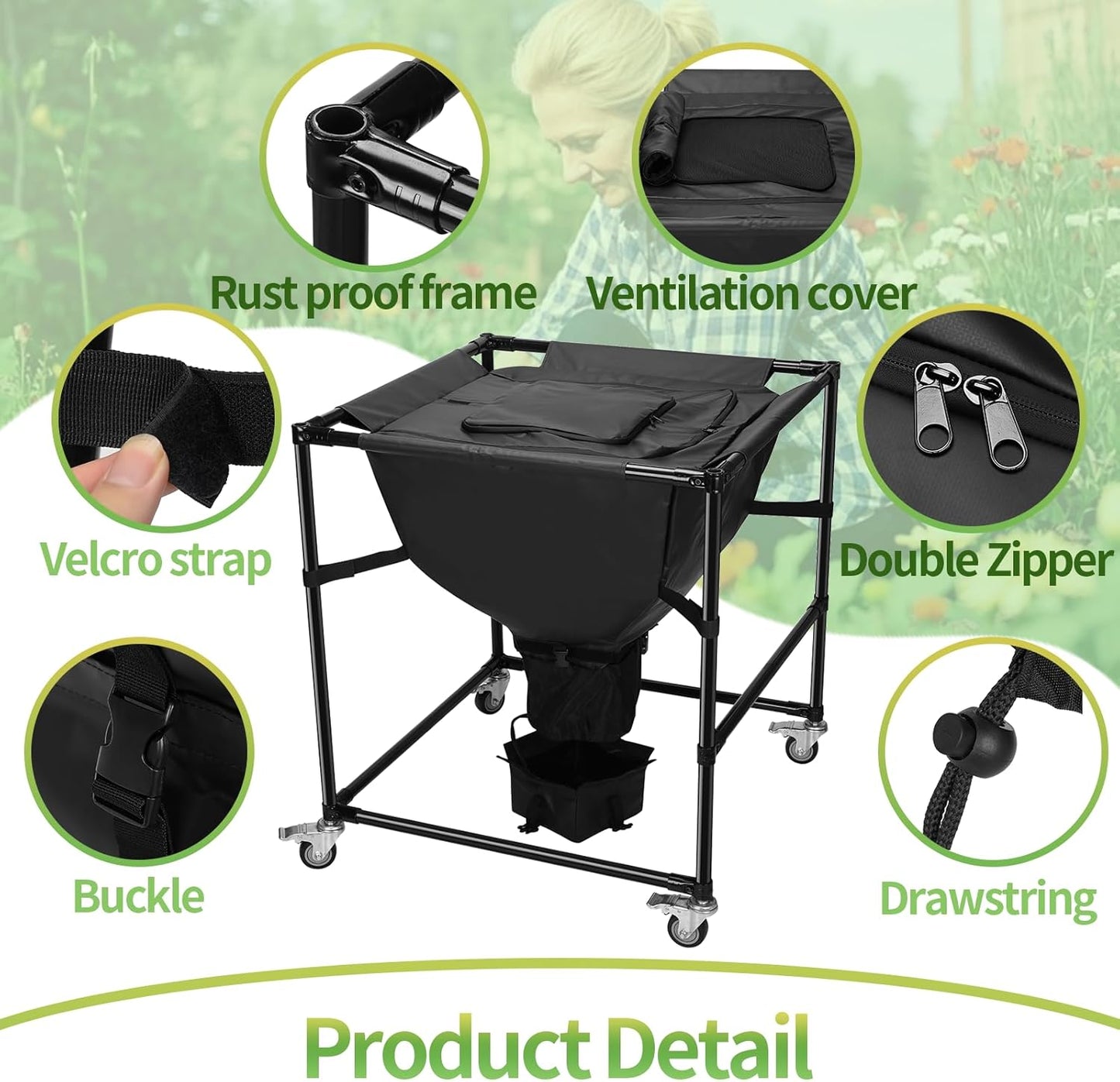 Urban Composting Bag 160L, Layered Harvest Design, Heavy-Duty Casters, All-Metal Frame + Oxford Fabric, Fertilizer Collection, Breathable Lid for Home, Garage, Basement, Kitchen