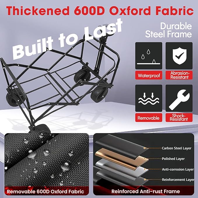 240L Capacity Foldable Wagon with Brakes, 49" Extra Long Extender Wagon Cart 460lbs Heavy Duty Collapsible Utility Cart with All-Terrain Big Wheels for Camping, Shopping, Beach